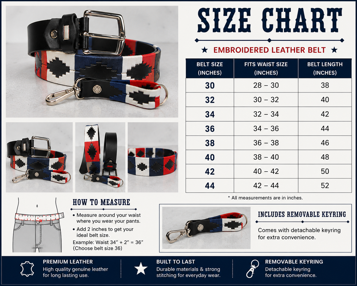 Western Embroidered Leather Belt | Red Navy Blue White | Bufflet Leather