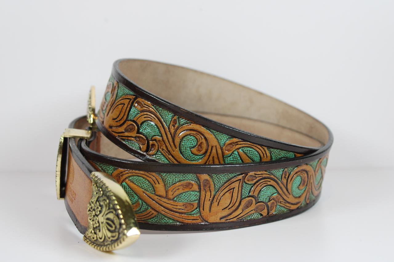 Handcrafted Floral Tooled Leather Belt with Antique Brass Buckle
