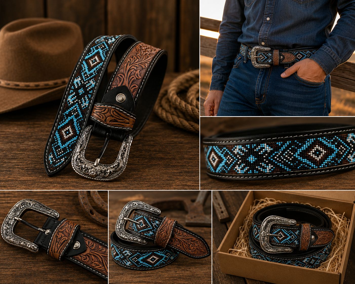 Bufflet Leather Blue Beaded Floral Western Belt