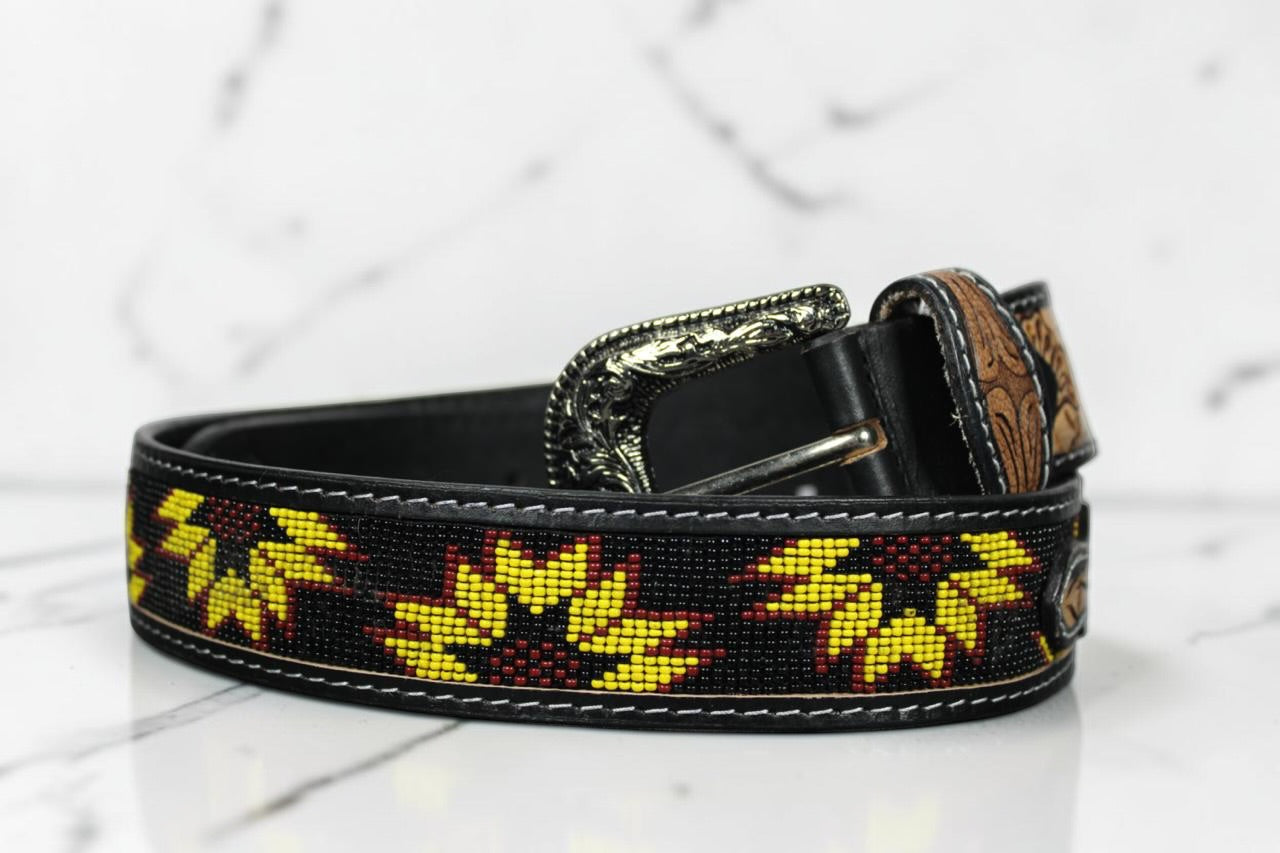 Handmade Beaded Sunflower Leather Belt | Genuine Leather Western Cowboy Belt