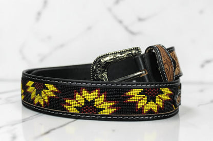 Handmade Beaded Sunflower Leather Belt | Genuine Leather Western Cowboy Belt