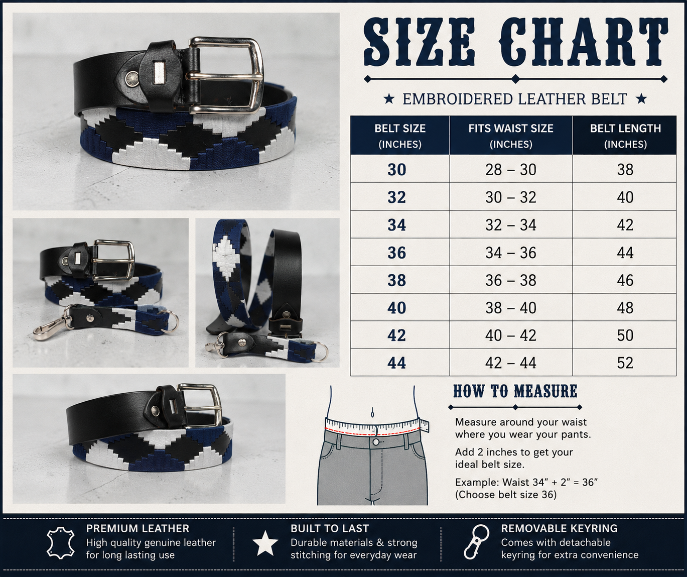 Western Embroidered Leather Belt | Navy Blue White Black | Bufflet Leather