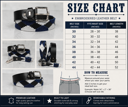 Western Embroidered Leather Belt | Navy Blue White Black | Bufflet Leather