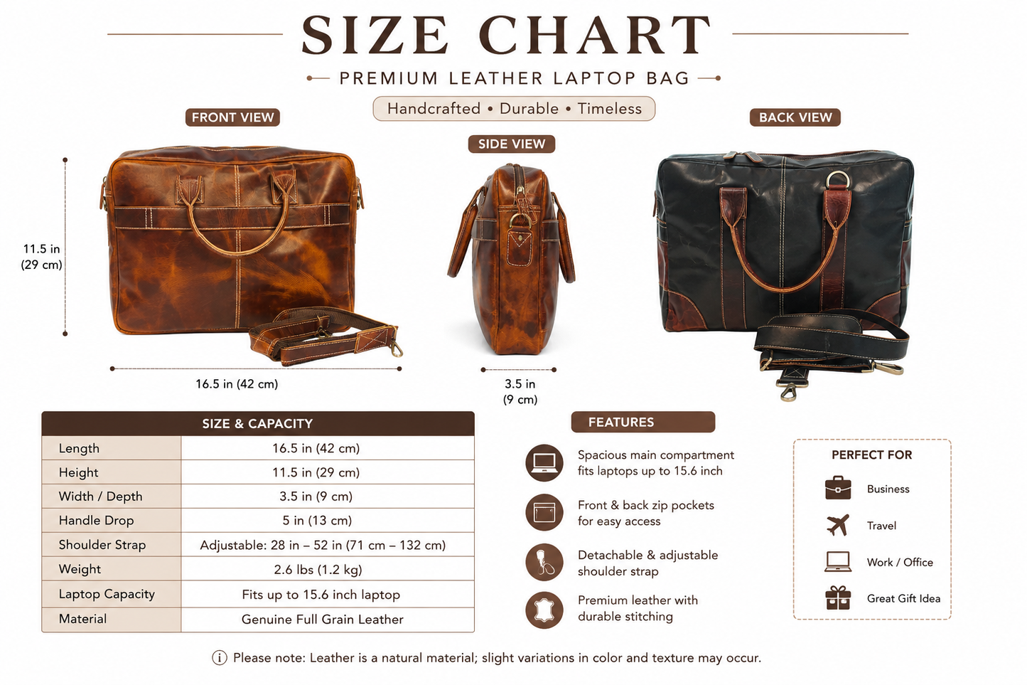 Vintage Full Grain Leather Laptop Messenger Bag – 15.6” Business Briefcase with Adjustable Shoulder Strap – Handmade Office Bag