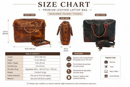 Vintage Full Grain Leather Laptop Messenger Bag – 15.6” Business Briefcase with Adjustable Shoulder Strap – Handmade Office Bag