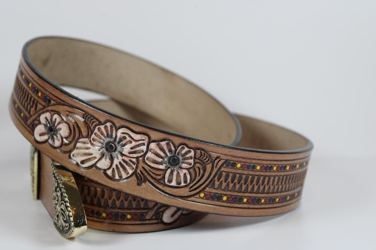 Floral Tooled Leather Belt with Antique Gold Buckle