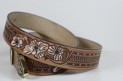 Floral Tooled Leather Belt with Antique Gold Buckle