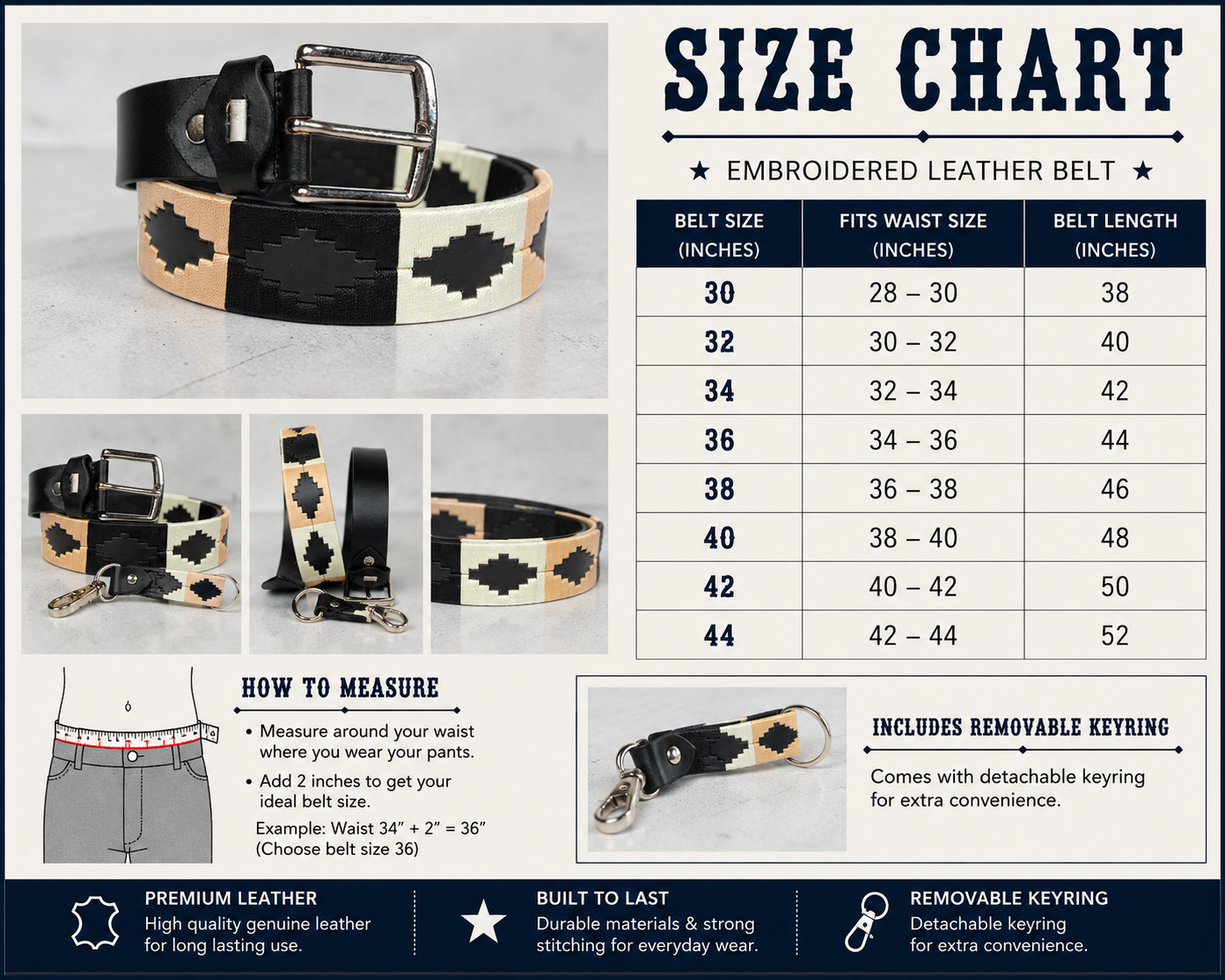 Western Embroidered Leather Belt | Beige Ivory Black | Bufflet Leather