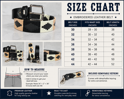 Western Embroidered Leather Belt | Beige Ivory Black | Bufflet Leather