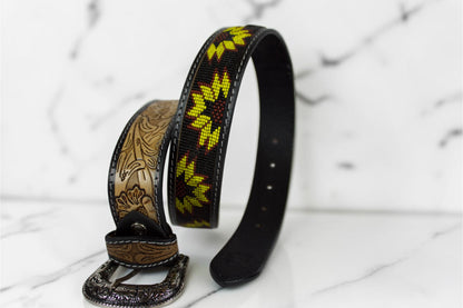 Handmade Beaded Sunflower Leather Belt | Genuine Leather Western Cowboy Belt