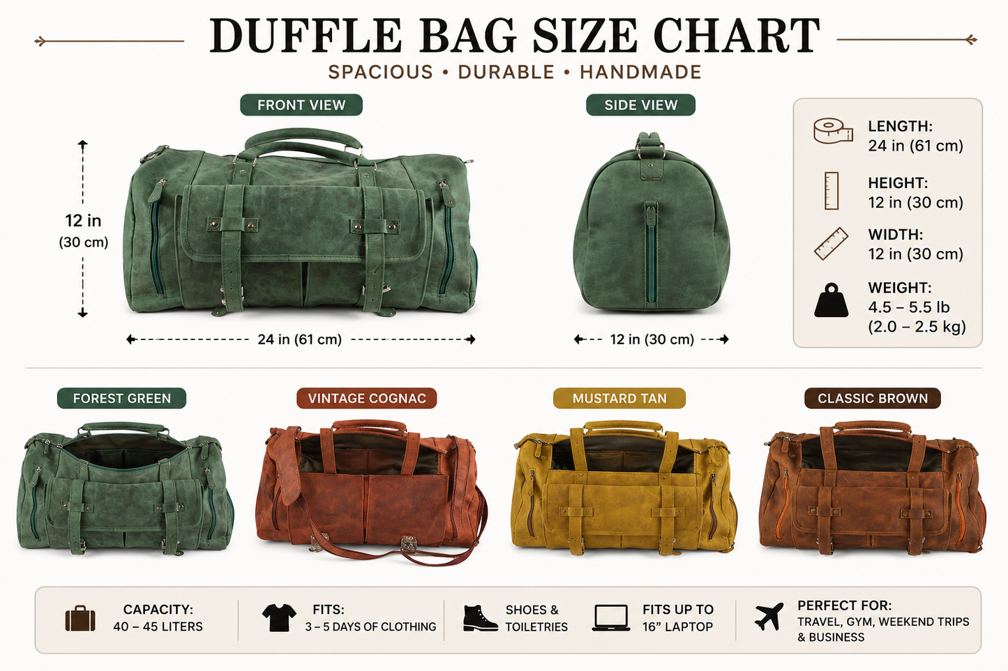 Forest Green Leather Duffle Bag for Men & Women | Handmade Full Grain Weekender Travel Bag