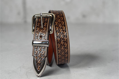 Handcrafted Tooled Leather Belt for Men | Brown Genuine Leather Western Belt | Embossed Zigzag Pattern