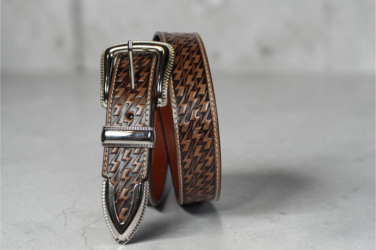 Handcrafted Tooled Leather Belt for Men | Brown Genuine Leather Western Belt | Embossed Zigzag Pattern