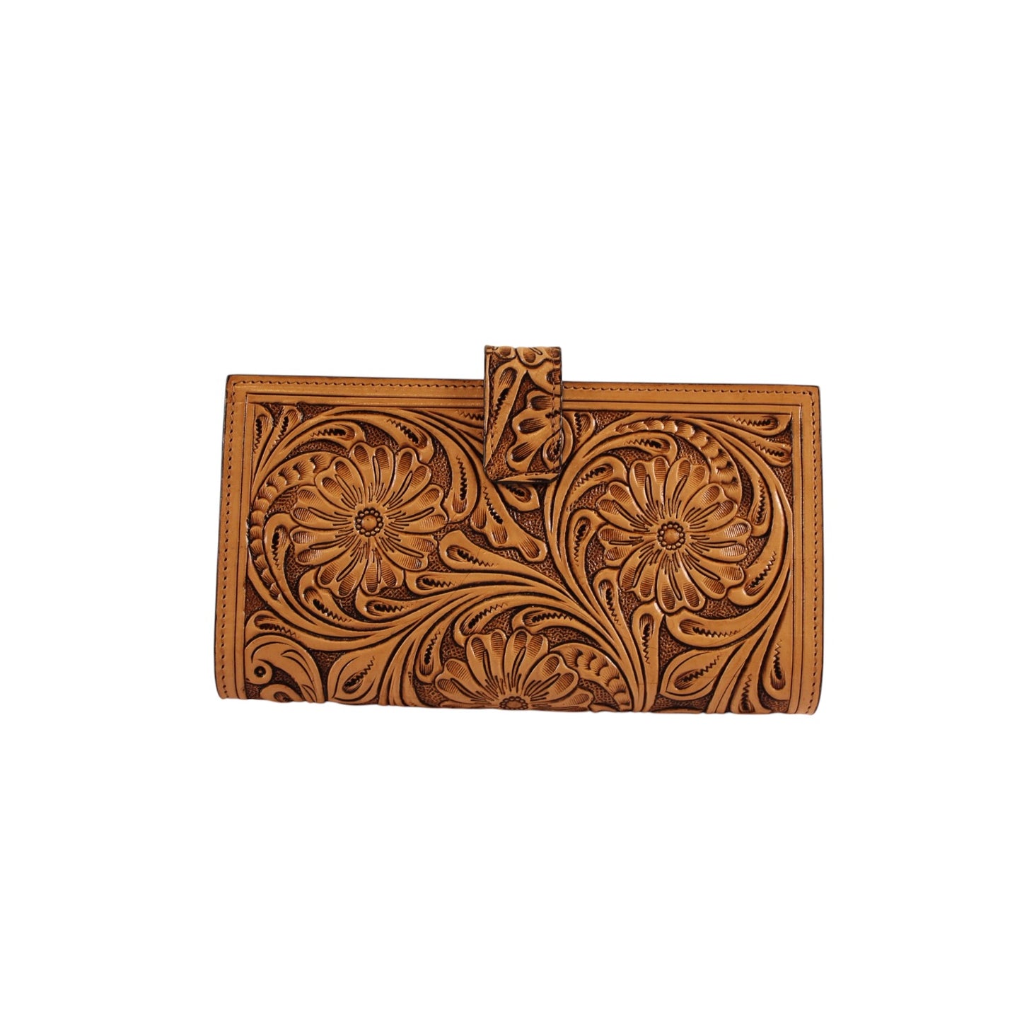 Hand-Tooled Floral Leather Long Wallet for Women – Genuine Full Grain Leather Checkbook Wallet with Card Holder & ID Window