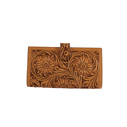 Hand-Tooled Floral Leather Long Wallet for Women – Genuine Full Grain Leather Checkbook Wallet with Card Holder & ID Window
