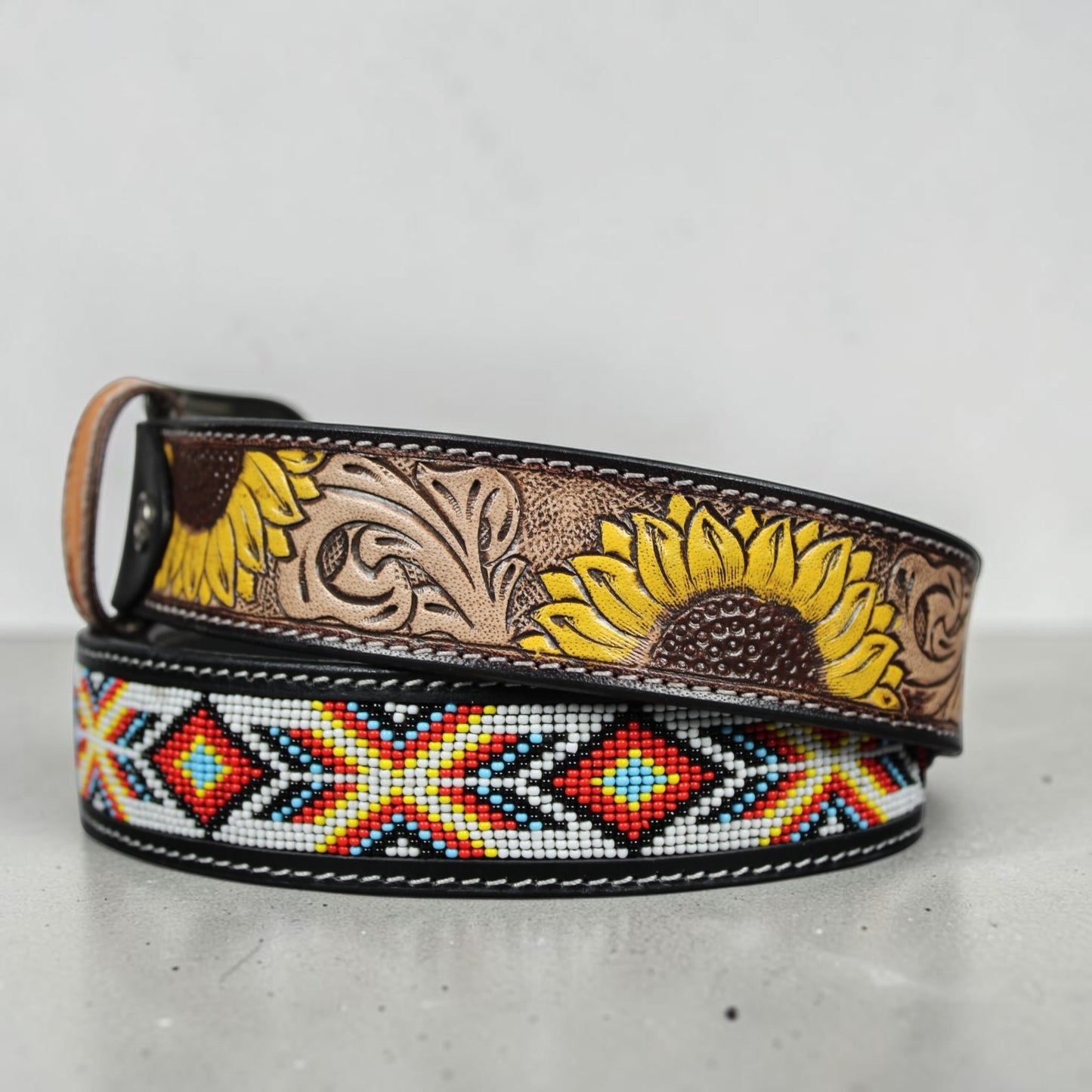 Handmade Sunflower Beaded Leather Belt