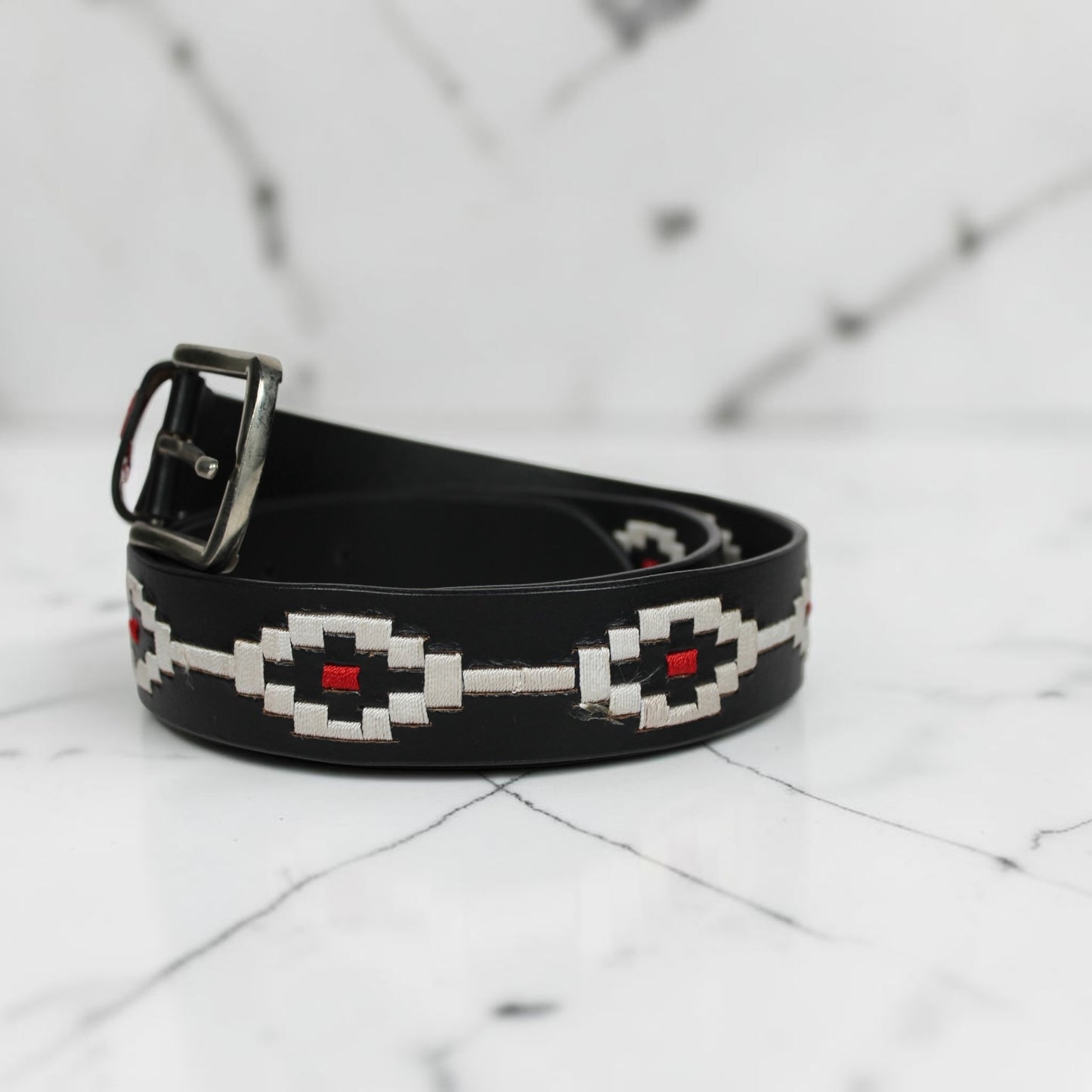 Handcrafted Black Leather Polo Belt with White & Red Woven Pattern