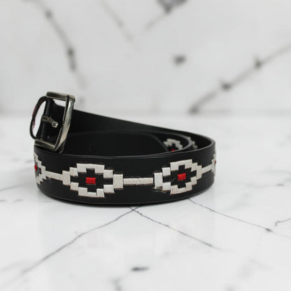 Handcrafted Black Leather Polo Belt with White & Red Woven Pattern