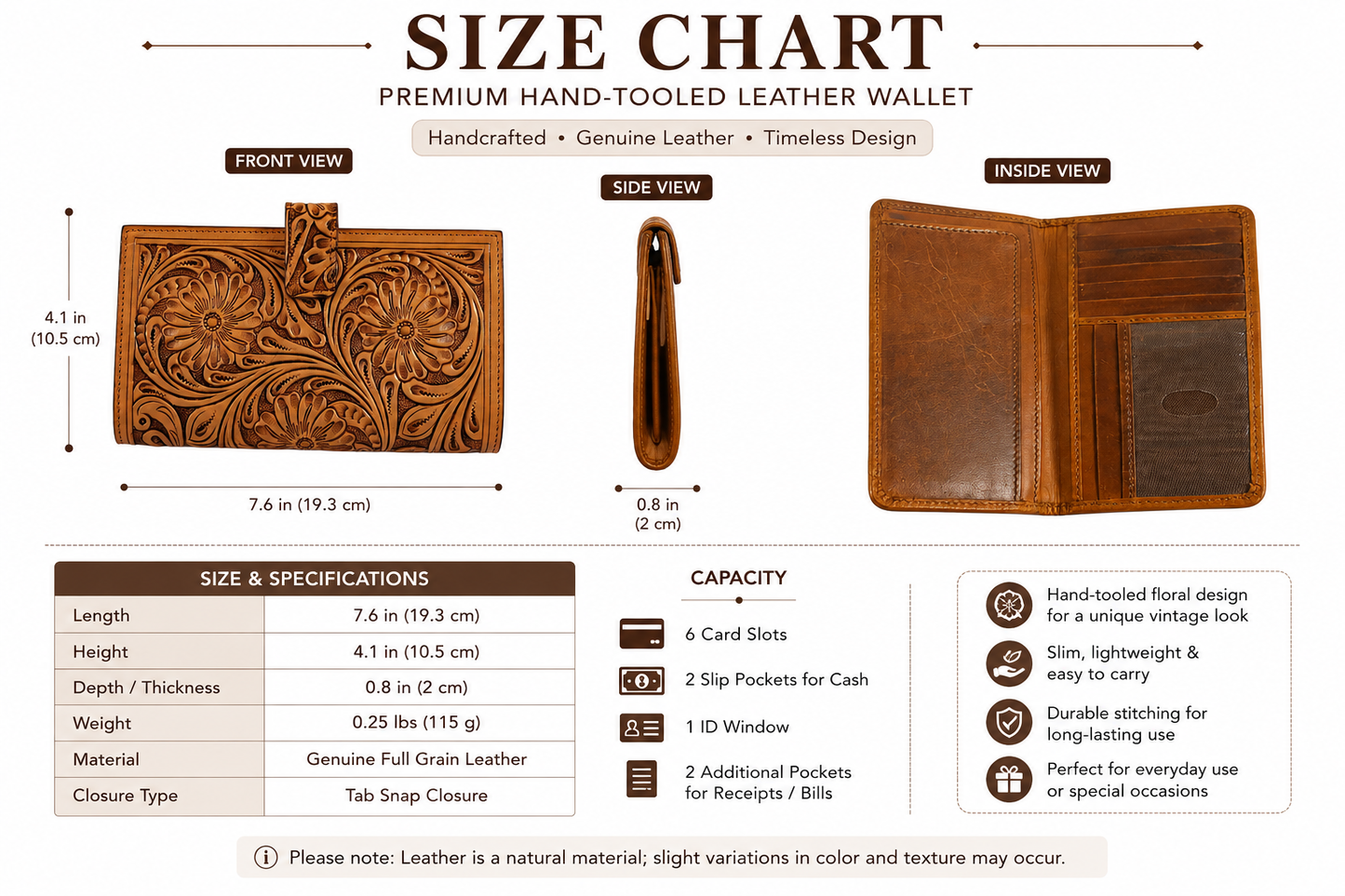 Hand-Tooled Floral Leather Long Wallet for Women – Genuine Full Grain Leather Checkbook Wallet with Card Holder & ID Window