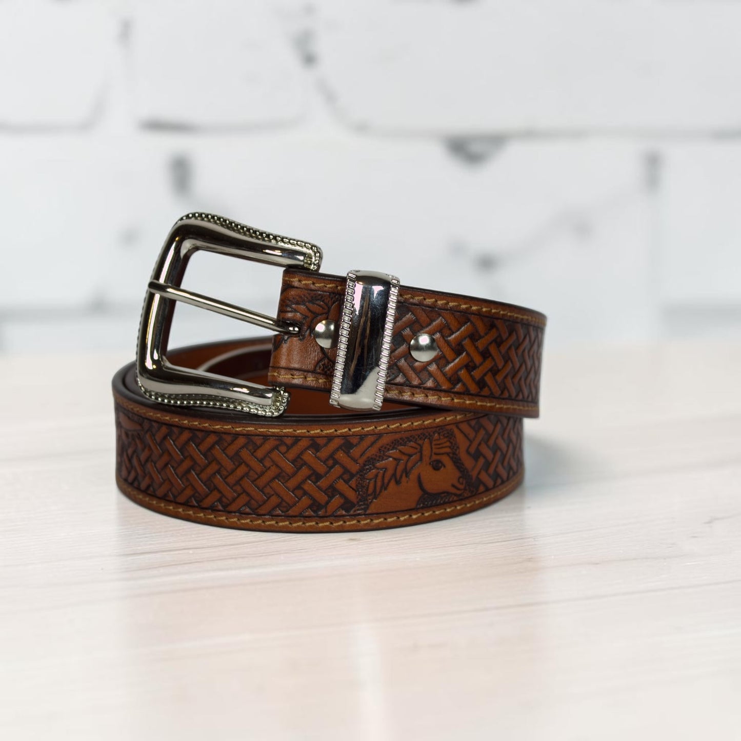 Handcrafted Tooled Leather Western Belt – Basket Weave Cow Skull Design