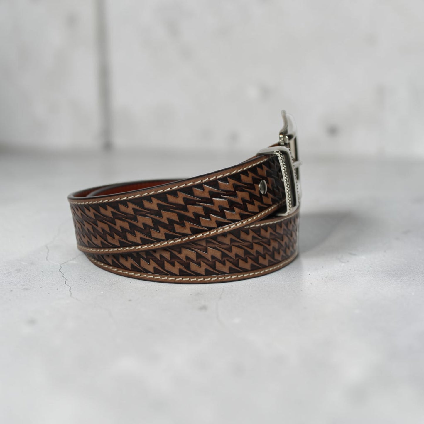 Handcrafted Tooled Leather Belt for Men | Brown Genuine Leather Western Belt | Embossed Zigzag Pattern