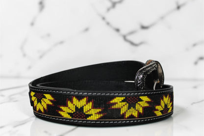 Handmade Beaded Sunflower Leather Belt | Genuine Leather Western Cowboy Belt