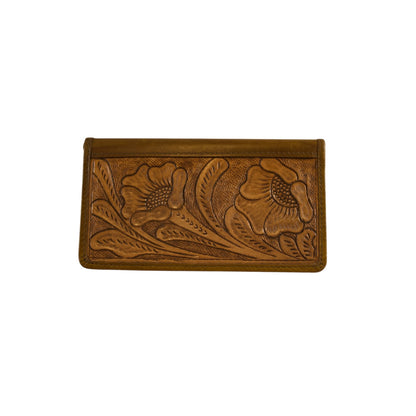 Hand-Tooled Floral Leather Long Wallet for Women – Genuine Full Grain Leather Checkbook Wallet with Card Holder & ID Window