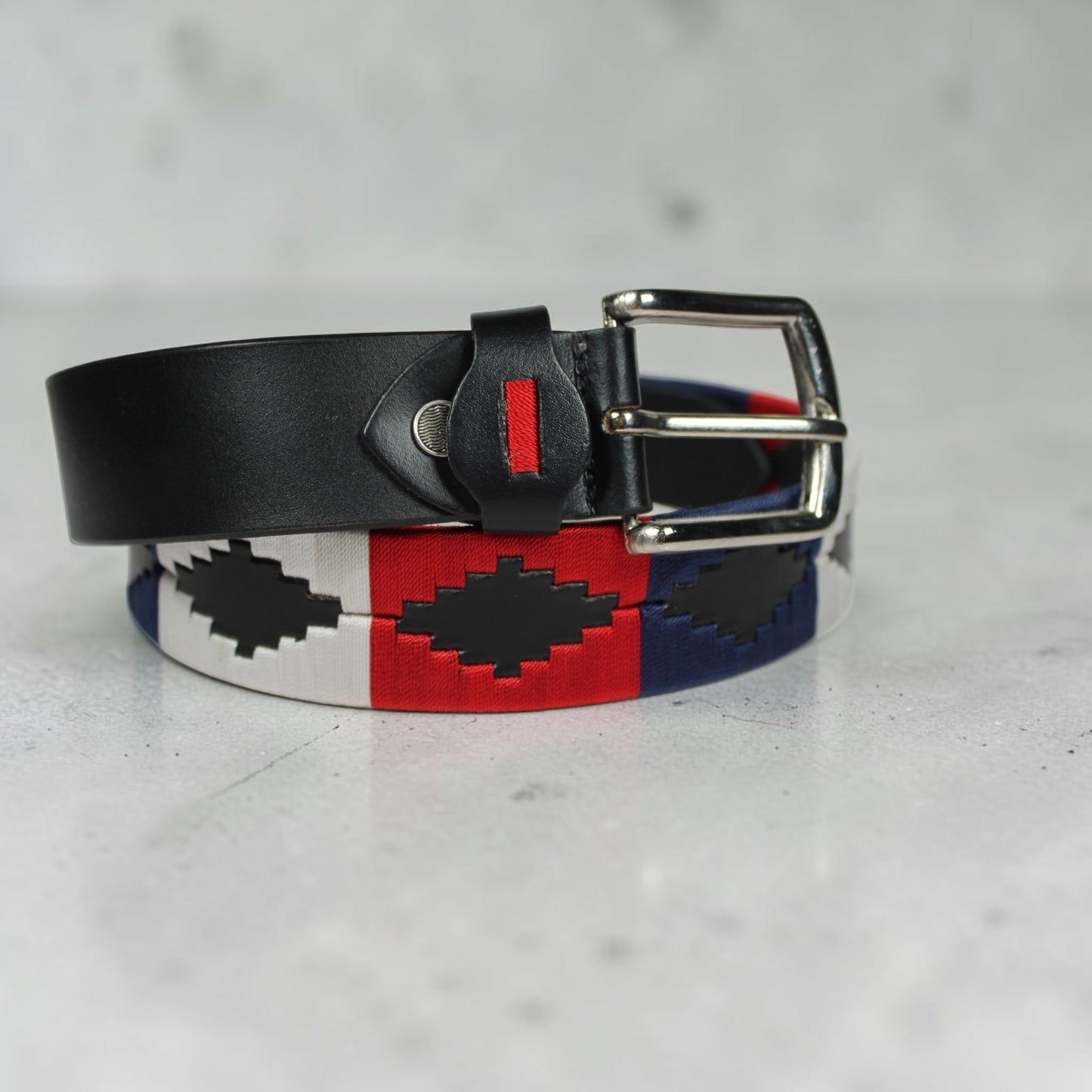 Western Embroidered Leather Belt | Red Navy Blue White | Bufflet Leather