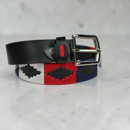Western Embroidered Leather Belt | Red Navy Blue White | Bufflet Leather