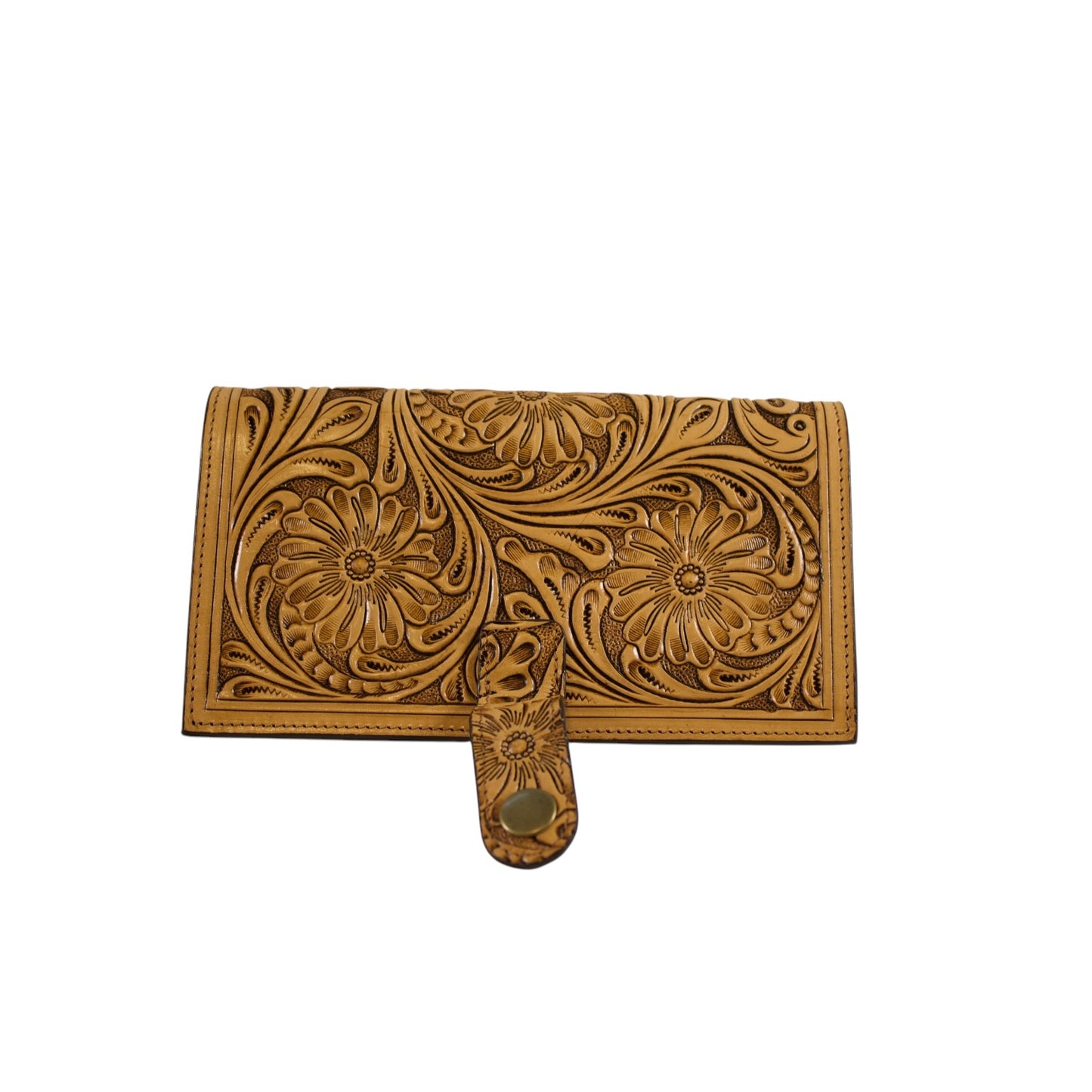Hand-Tooled Floral Leather Long Wallet for Women – Genuine Full Grain Leather Checkbook Wallet with Card Holder & ID Window