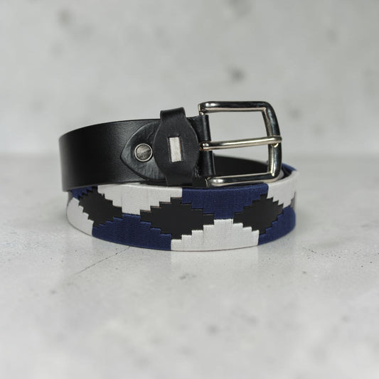 Western Embroidered Leather Belt | Navy Blue White Black | Bufflet Leather