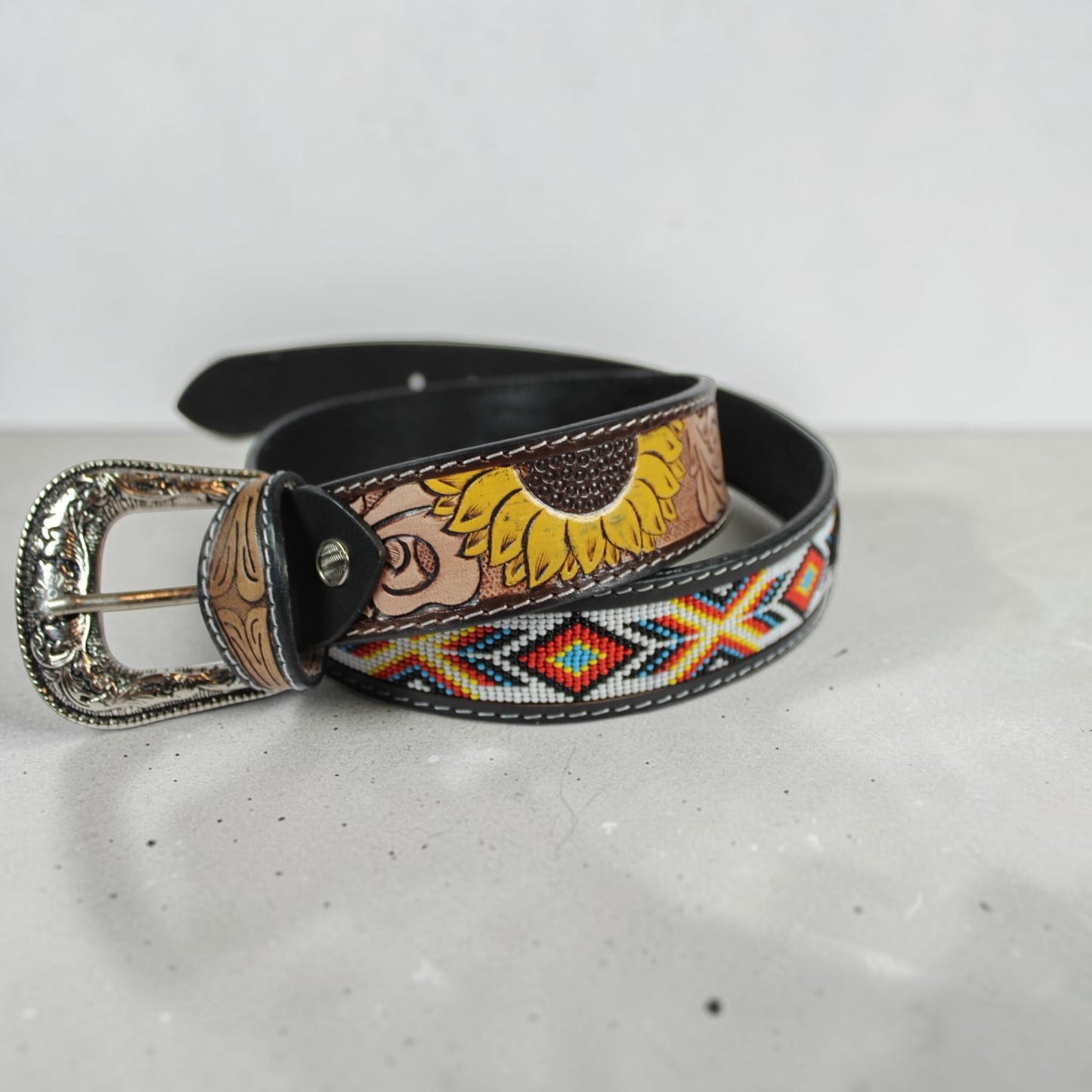 Handmade Sunflower Beaded Leather Belt