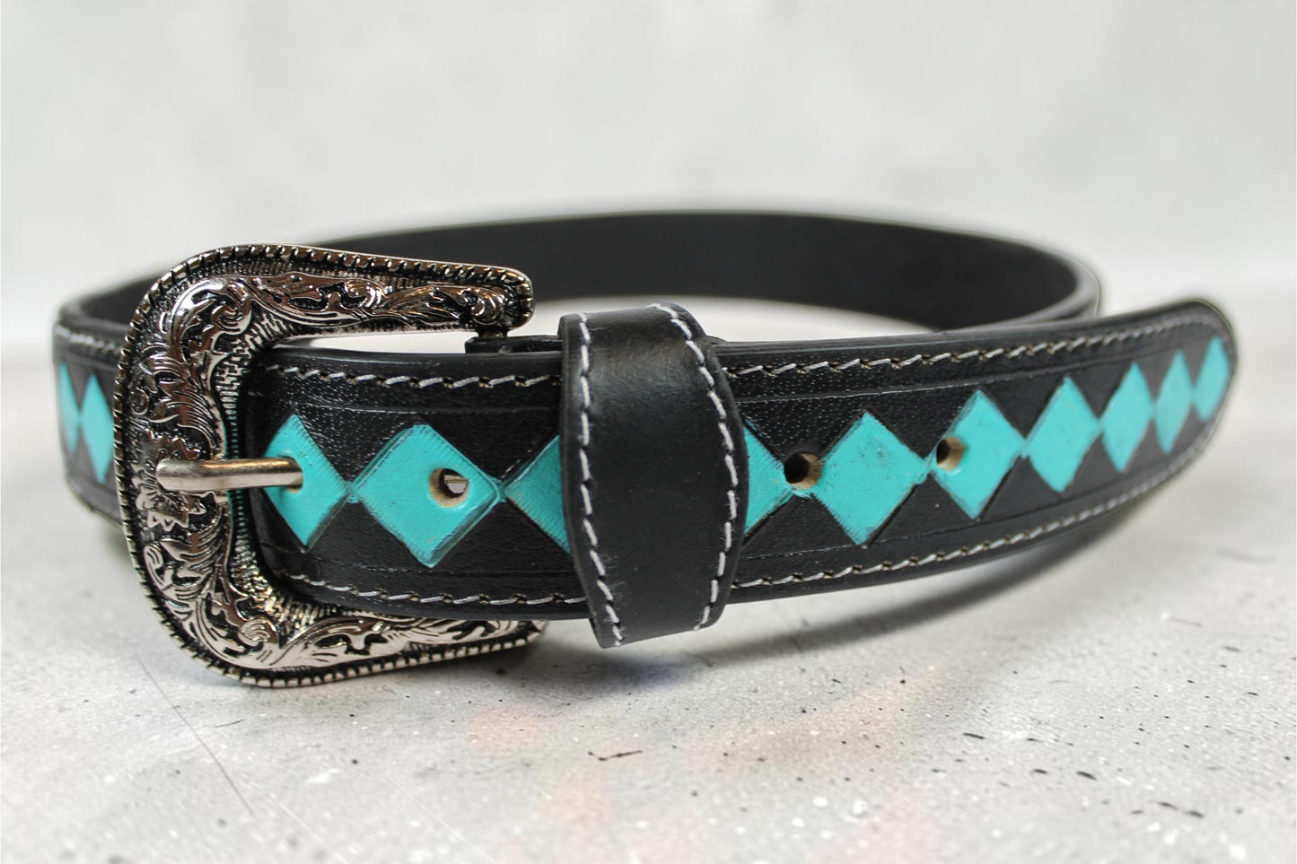 Turquoise Diamond Tooled Leather Belt
