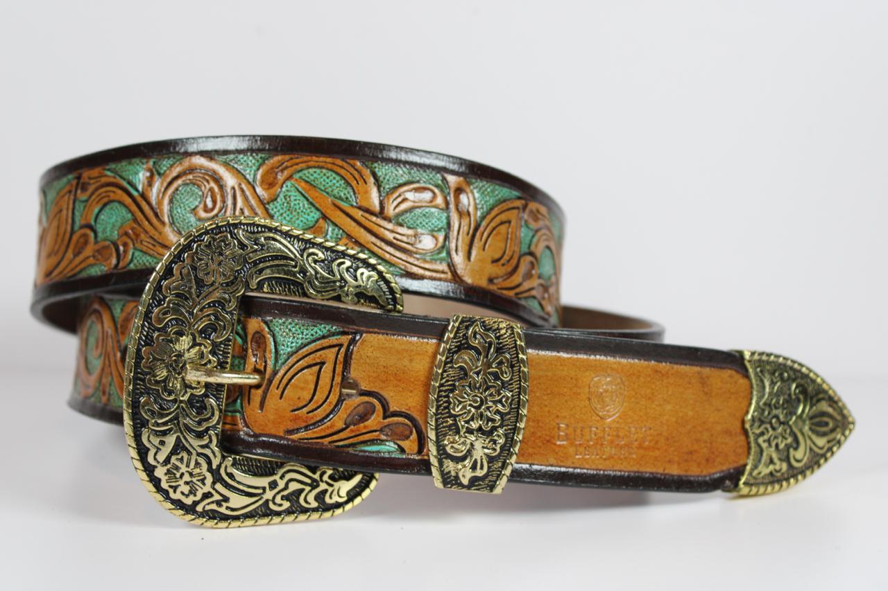 Handcrafted Floral Tooled Leather Belt with Antique Brass Buckle