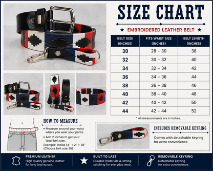 Western Embroidered Leather Belt | Red Navy Blue White | Bufflet Leather