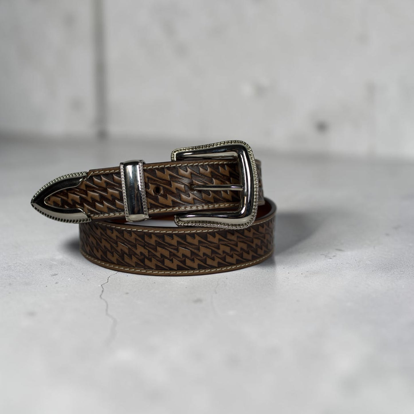 Handcrafted Tooled Leather Belt for Men | Brown Genuine Leather Western Belt | Embossed Zigzag Pattern