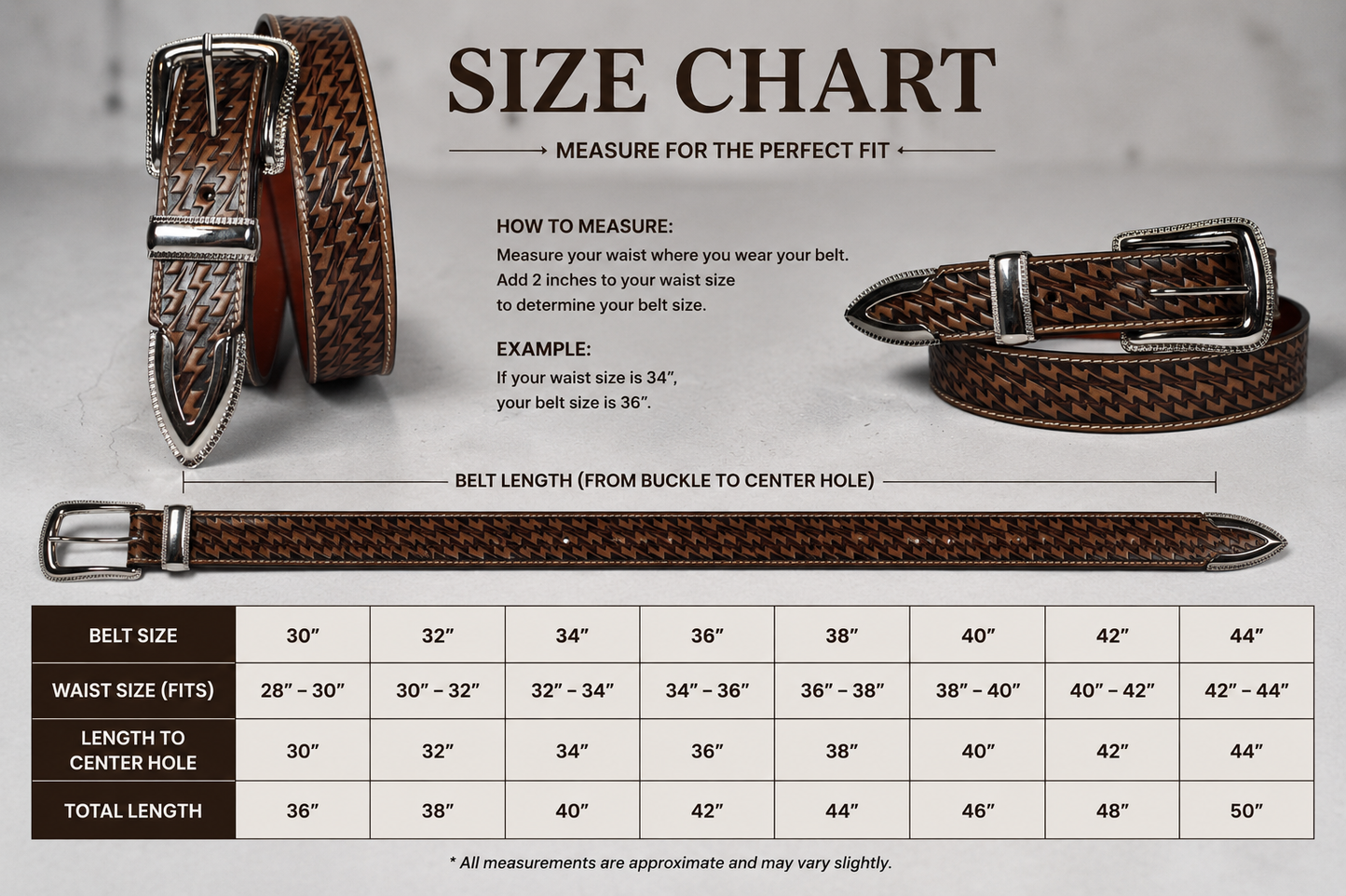 Handcrafted Tooled Leather Belt for Men | Brown Genuine Leather Western Belt | Embossed Zigzag Pattern