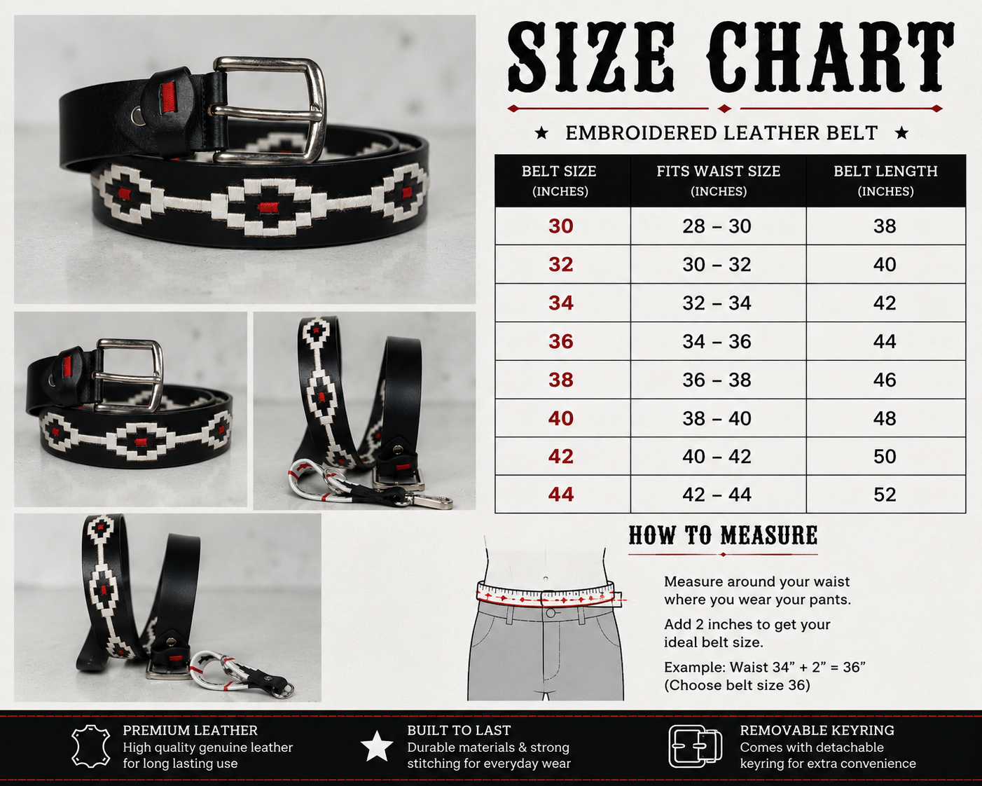 Handcrafted Black Leather Polo Belt with White & Red Woven Pattern