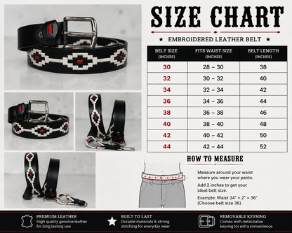 Handcrafted Black Leather Polo Belt with White & Red Woven Pattern