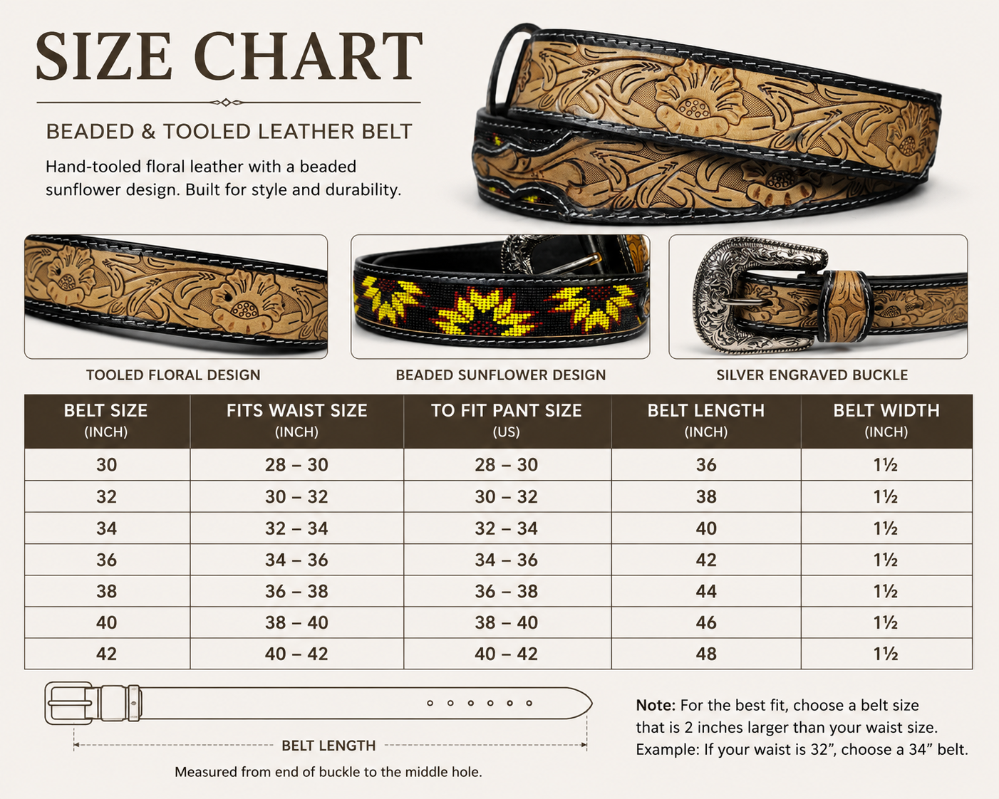 Handmade Beaded Sunflower Leather Belt | Genuine Leather Western Cowboy Belt