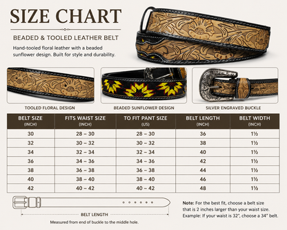 Handmade Beaded Sunflower Leather Belt | Genuine Leather Western Cowboy Belt