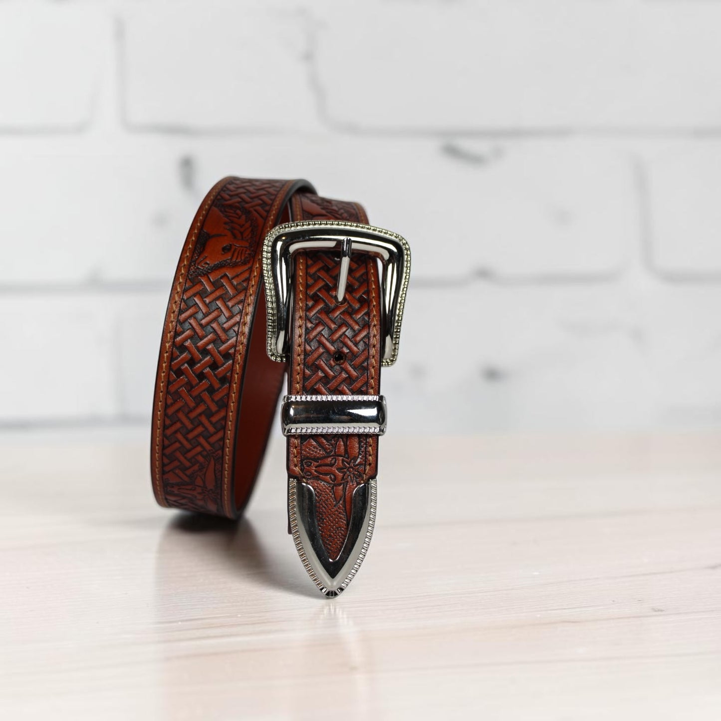 Handcrafted Tooled Leather Western Belt – Basket Weave Cow Skull Design