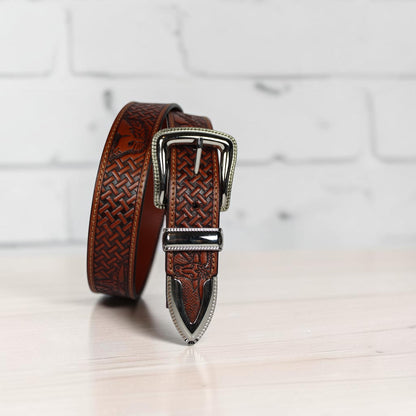 Handcrafted Tooled Leather Western Belt – Basket Weave Cow Skull Design