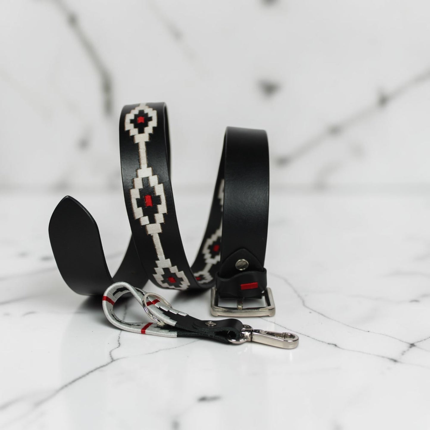 Handcrafted Black Leather Polo Belt with White & Red Woven Pattern