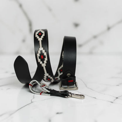 Handcrafted Black Leather Polo Belt with White & Red Woven Pattern