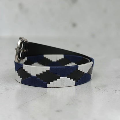 Western Embroidered Leather Belt | Navy Blue White Black | Bufflet Leather
