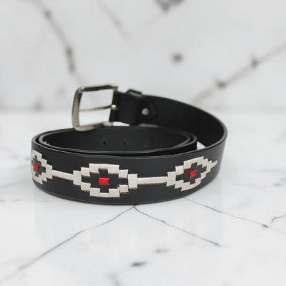 Handcrafted Black Leather Polo Belt with White & Red Woven Pattern