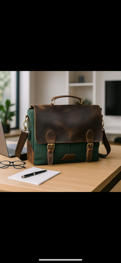Vintage Leather Messenger Bag for Men – Full Grain Leather & Canvas Laptop Briefcase | Bufflet Leather