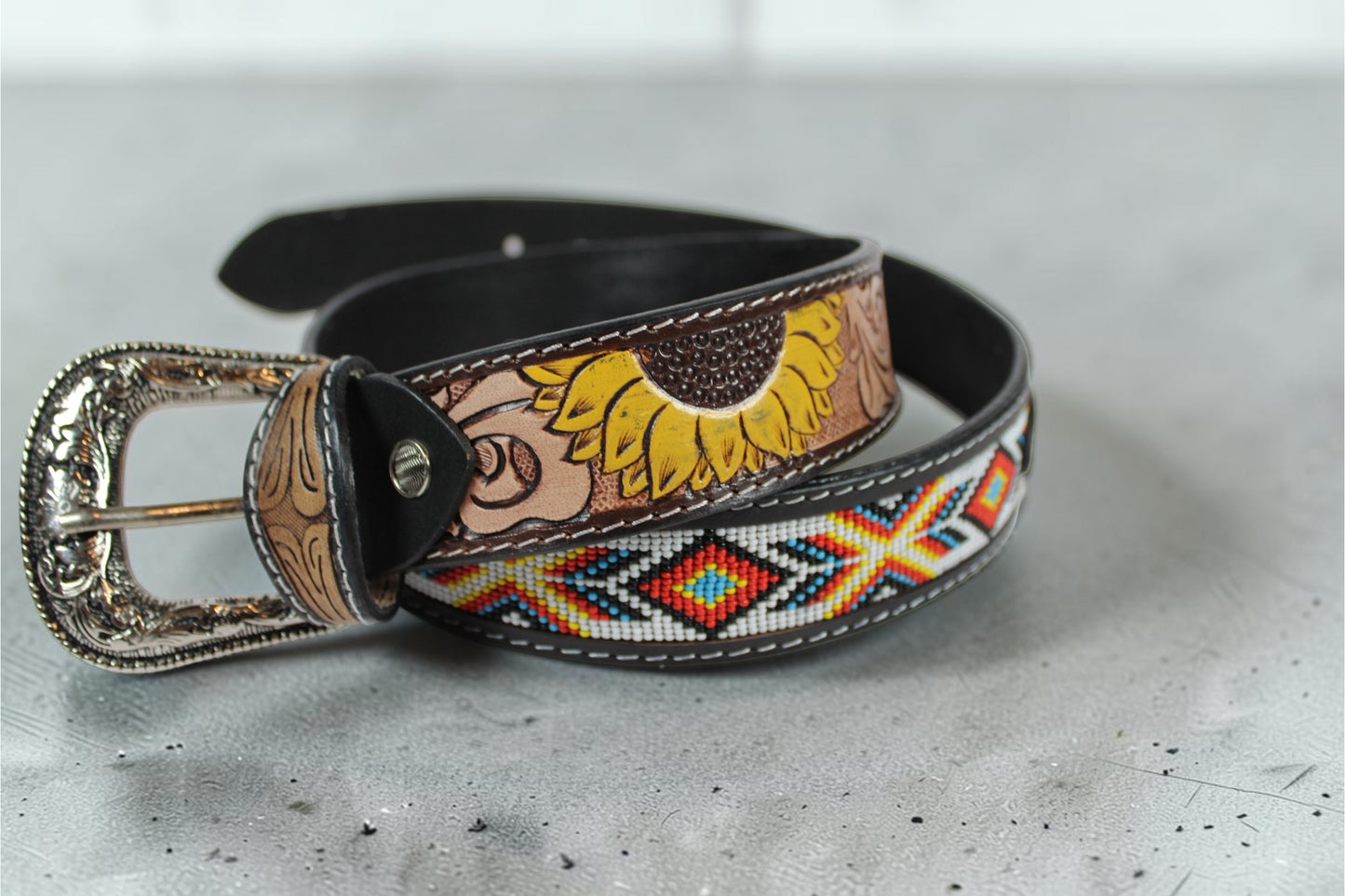 Handmade Sunflower Beaded Leather Belt