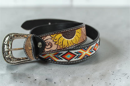 Handmade Sunflower Beaded Leather Belt